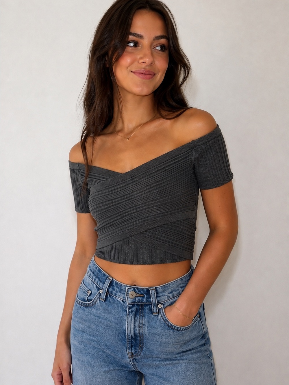 Aerie Ribbed Off Shoulder Crop Top Black Asymmetrical Sweater M